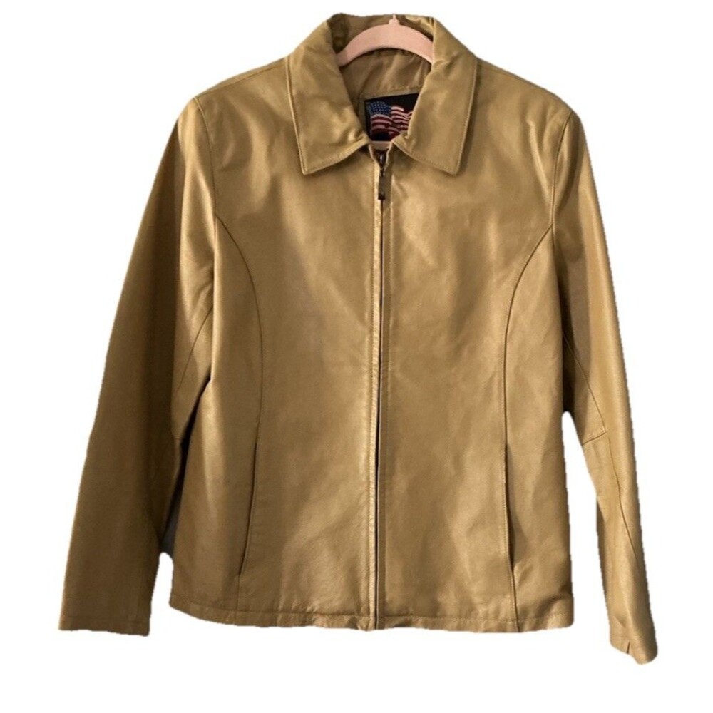 Vintage U.S.A Leather Full Zip Jacket Womens Large Tan Biker Genuine Leather 90s